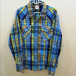 True Religion Men’s Bright Multicolor Plaid Western Shirt. XXL. New Condition.